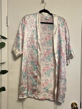Intimate Moments white + pink/teal floral print silky robe